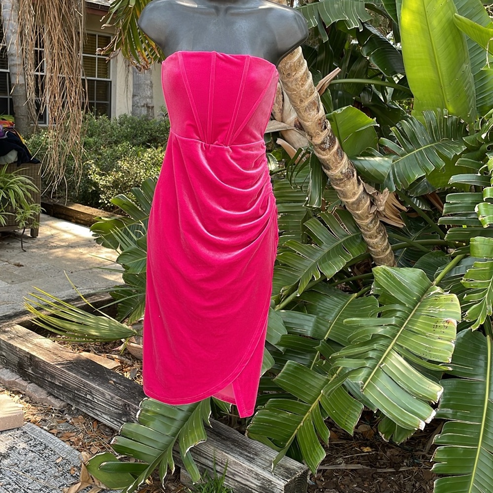 strapless, pink velvet asymmetric dress